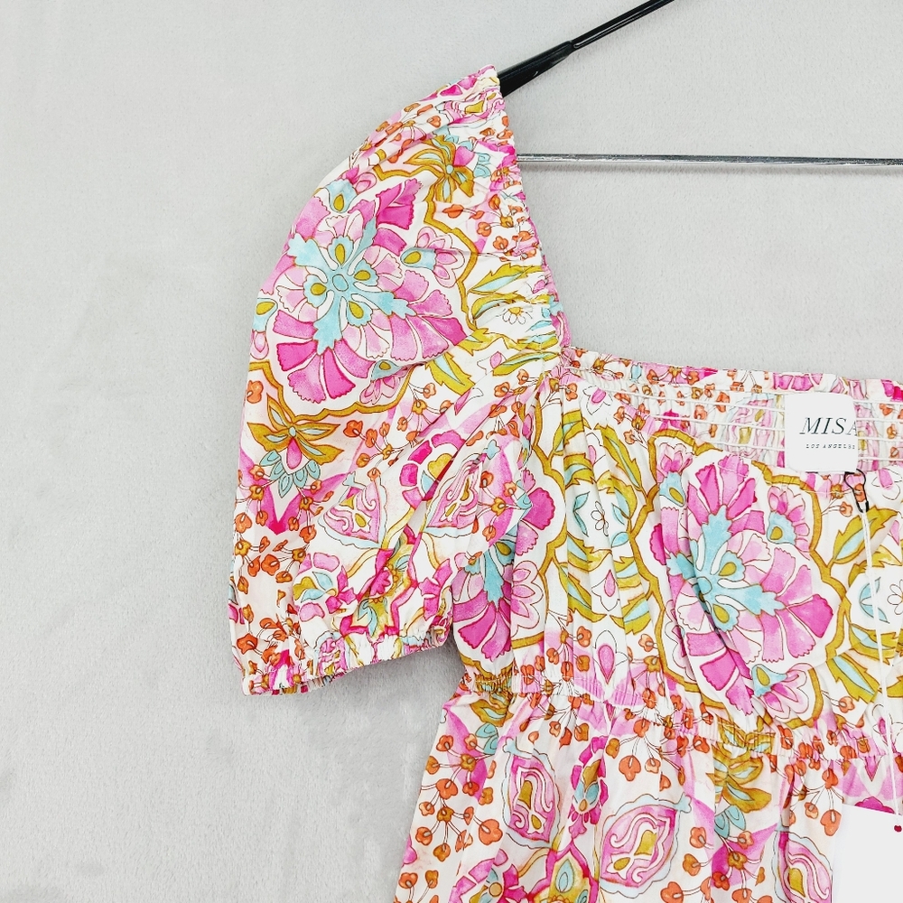NEW MISA Kayla Pink Summer Floral Puff Sleeve Mini Dress P3100 - Picture 5 of 10